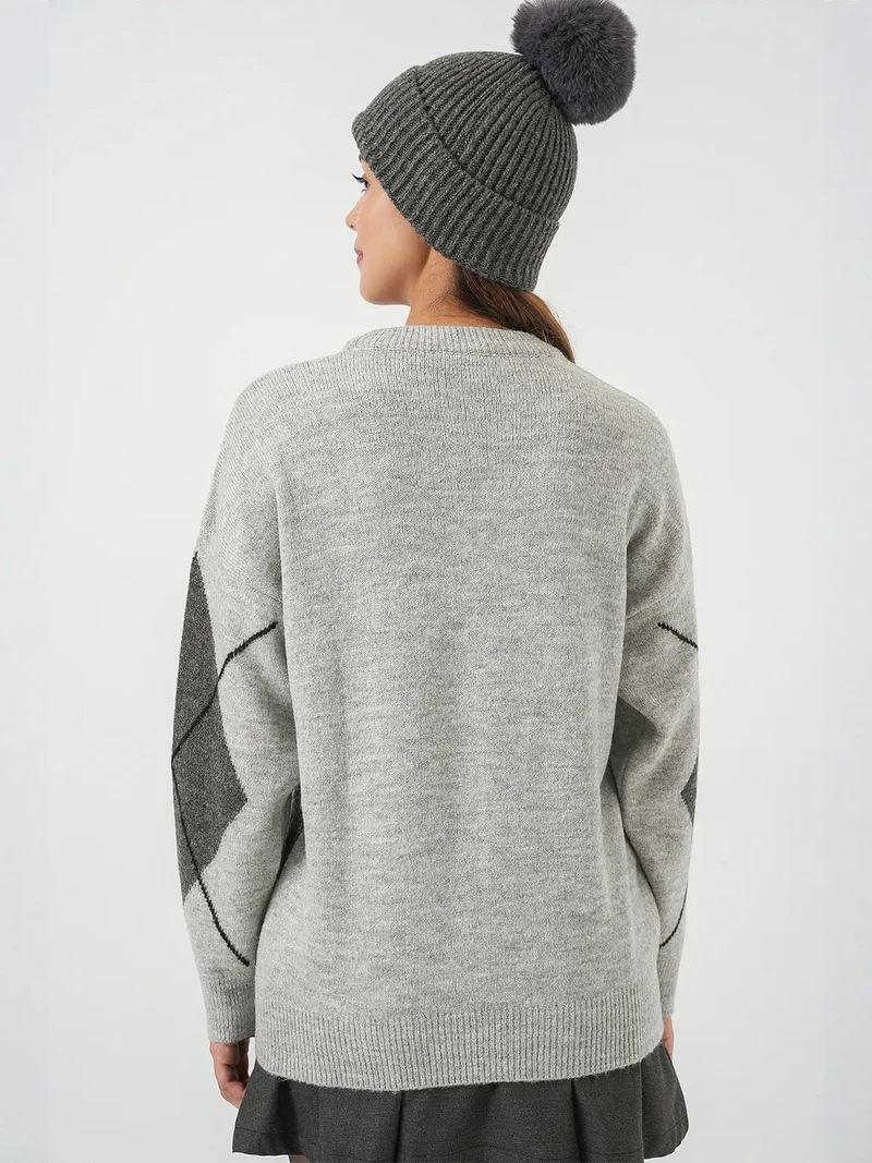 Big Dart Grey BDART Oversized Argyle Crew Neck Jumper for Women | Best Price UAE